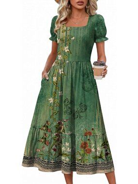 Zeagoo Women's Green Printed Flowy Casual Short Sleeve Tiered Midi Maxi Dress